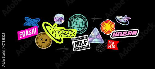 Perfect Y2k stickers pack 3 with logotypes and emblems concepts in cyberpunk style. Retro futuristic japanes holographics stickers set in Techno Rave style.  Aesthetic of Asian 90s - 2000s 