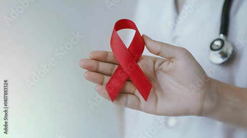 Doctor With Stethoscope Holding A Red Ribbon Symbolizing HIV And AIDS Awareness In A Brightly Lit Hospital Setting