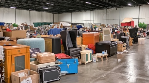 Flea market stalls overflowing with secondhand goods and furniture
