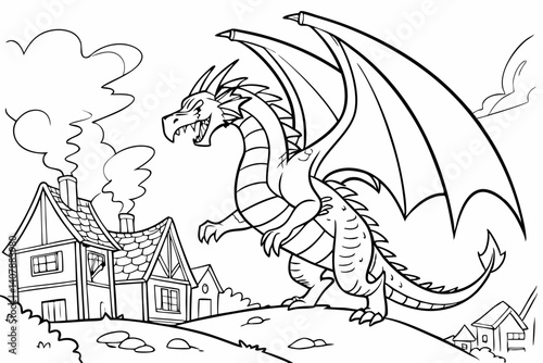 Coloring Pages, A Dragon on a rampage, colorless, black and white