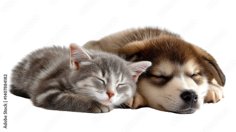 Fototapeta premium Sleeping Kitten and Puppy: A heartwarming scene of friendship and serenity, where a fluffy kitten and a playful puppy peacefully slumber side-by-side, embodying pure, innocent companionship.