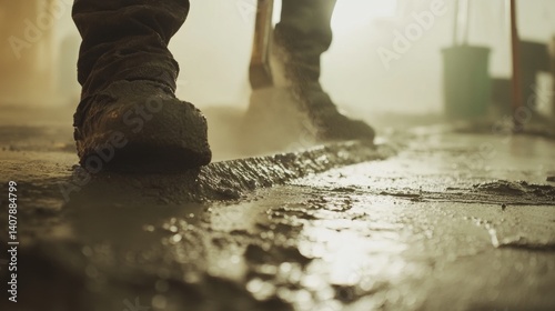 Concrete worker smoothing the surface of freshly poured concrete. Featuring technique and finesse
