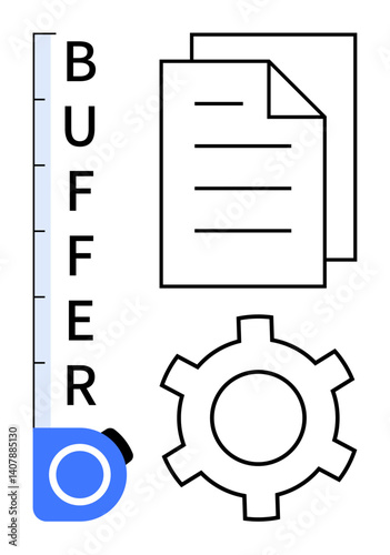 Vertical buffer gauge, overlapping documents, and gear icon suggesting efficiency, workflow, measurement, and systemic improvement. Ideal for data reporting, productivity, analysis optimization