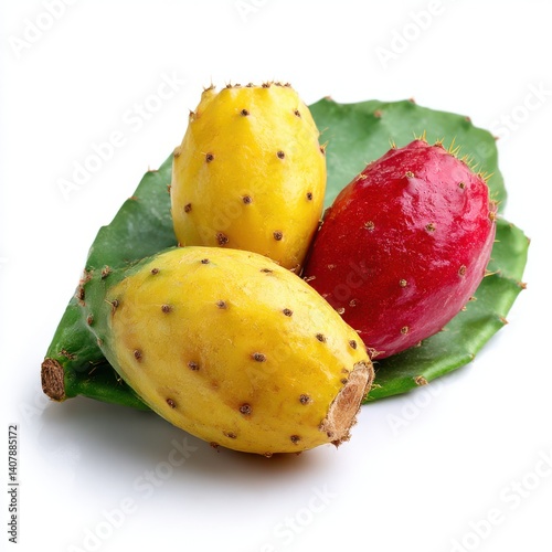 Prickly pears on a leaf on white background