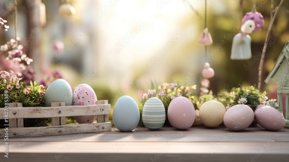 Obraz premium Easter decoration chick ornaments festive banners. Pastel Eggs Awaiting Easter Celebration in Sunlit Garden Setting with Delicate Decorations.