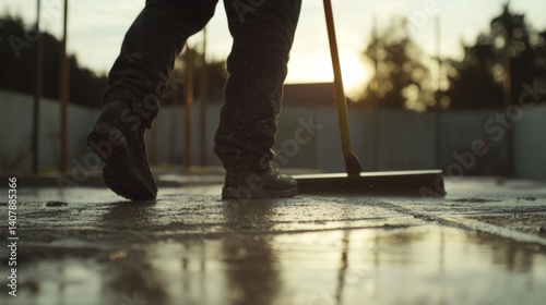 Concrete worker smoothing the surface of freshly poured concrete. Featuring technique and finesse