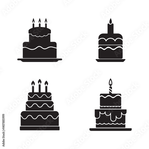 Silhouette birthday cake icons set with candles, celebration dessert illustrations, vector graphic symbols for party invitations, bakery branding, festive posters, and social media posts