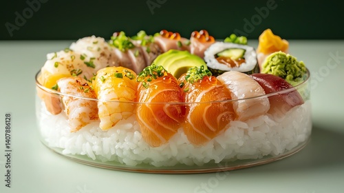 Delicious assorted sushi platter with colorful seafood and rice presentation. photo