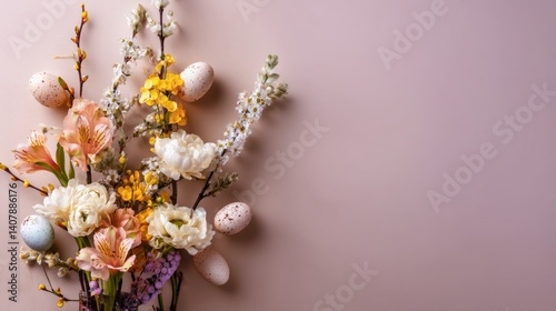 Easter decoration chick ornaments festive banners. Pastel Spring Easter Floral Arrangement with Delicate Eggs and Soft Light on a Muted Background.