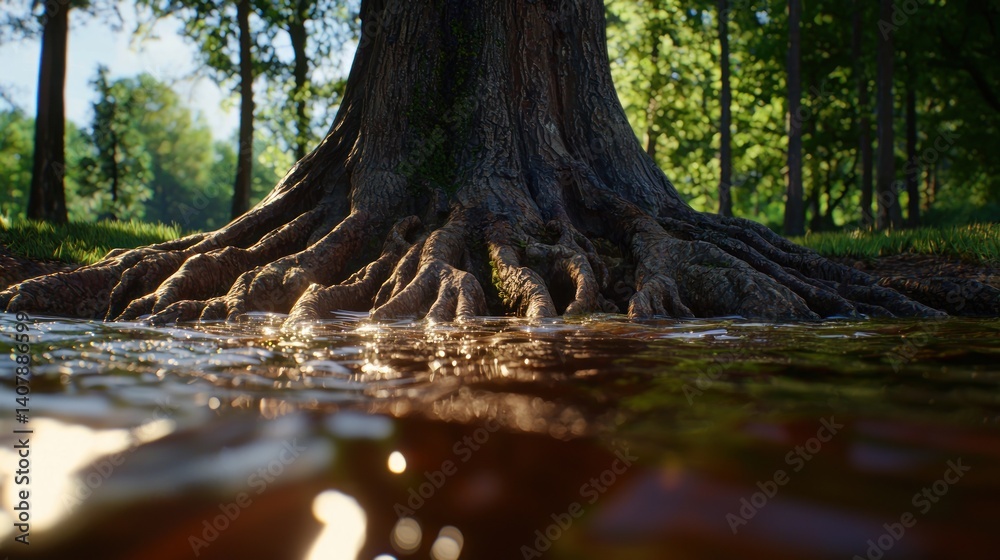 Fototapeta premium Sunlight on Forest Tree Roots in Shallow Water