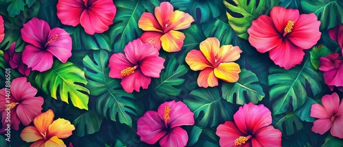 A painting of a field of flowers with a green background