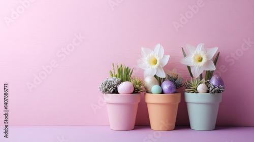 Easter decoration chick ornaments festive banners. Serene Easter Display with Narcissus Blooms and Pastel Eggs in Pots on Pink Surface.