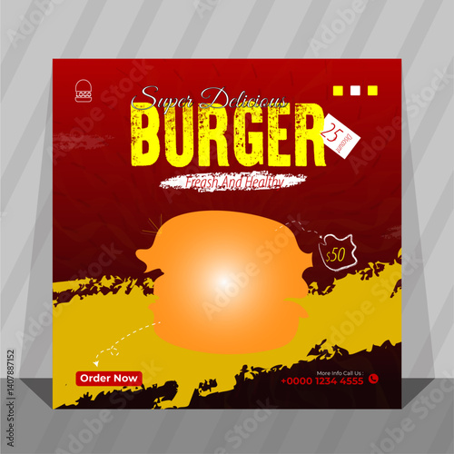 Super Delicious Burgers Fresh and Healthy Fast Food with Bold Text and Vibrant Colors for Restaurant Branding and Advertising