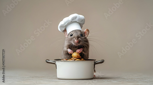 A Brown Mouse Chef Wearing A White Hat Prepares Potatoes in a Small White Pot in a Culinary Studio Setting
