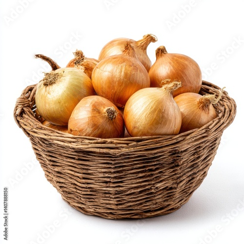 Basket full of onions, close up on white background