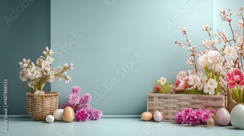 Easter decoration chick ornaments festive banners. Spring Floral Easter Display with Basket White Blossoms and Painted Eggs Against Blue Green Backdrop.