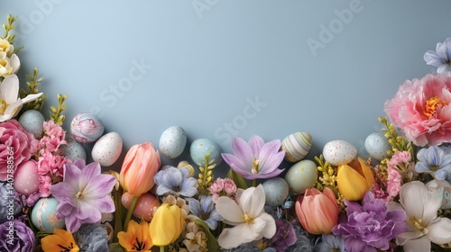 Easter decoration chick ornaments festive banners. Spring Flowers and Pastel Easter Eggs Array on Soft Blue Backdrop for Seasonal Celebration.