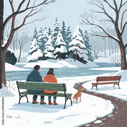 Couple Enjoying a Snowy Park with Their Dog by a Frozen Pond