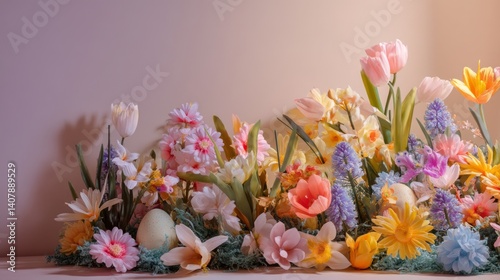 Easter decoration chick ornaments festive banners. Springtime Easter Display Flowers and Painted Eggs Arrangement Pink Tulip and Hyacinth with Daffodils.