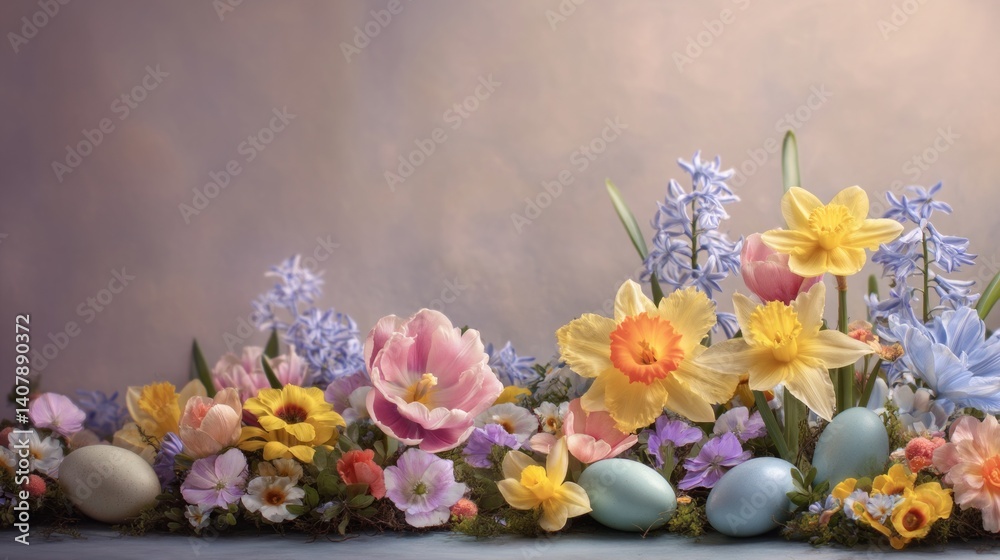 Fototapeta premium Easter decoration chick ornaments festive banners. Springtime Floral Arrangement with Easter Eggs Celebrating Renewal and New Beginnings Holiday Still Life.