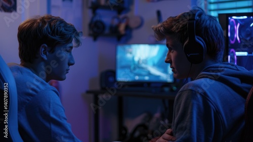 Two teenage boys engrossed in a video game competition.
