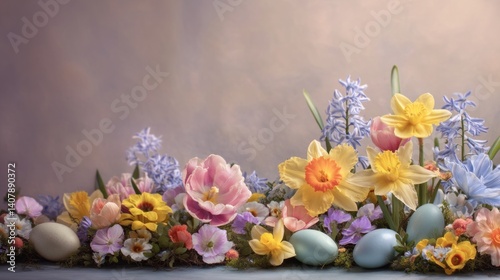 Easter decoration chick ornaments festive banners. Springtime Floral Arrangement with Easter Eggs Celebrating Renewal and New Beginnings Holiday Still Life.