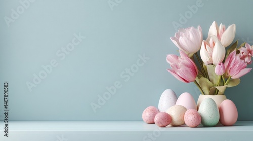 Easter decoration chick ornaments festive banners. Tulips in Vase with Easter Eggs Elegant Spring Display Pastel Colors and Serene Composition Backdrop.