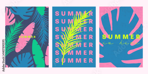 Retro summer poster collection with bold typography, tropical leaves and vibrant neon palette in pink, blue and lime green for wall art, cards, flyers, invitations, backgrounds, seasonal designs, etc.