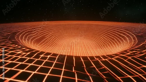 A swirling, grid-like vortex in space.  Fiery orange lines create a deep well-like structure against a night sky backdrop