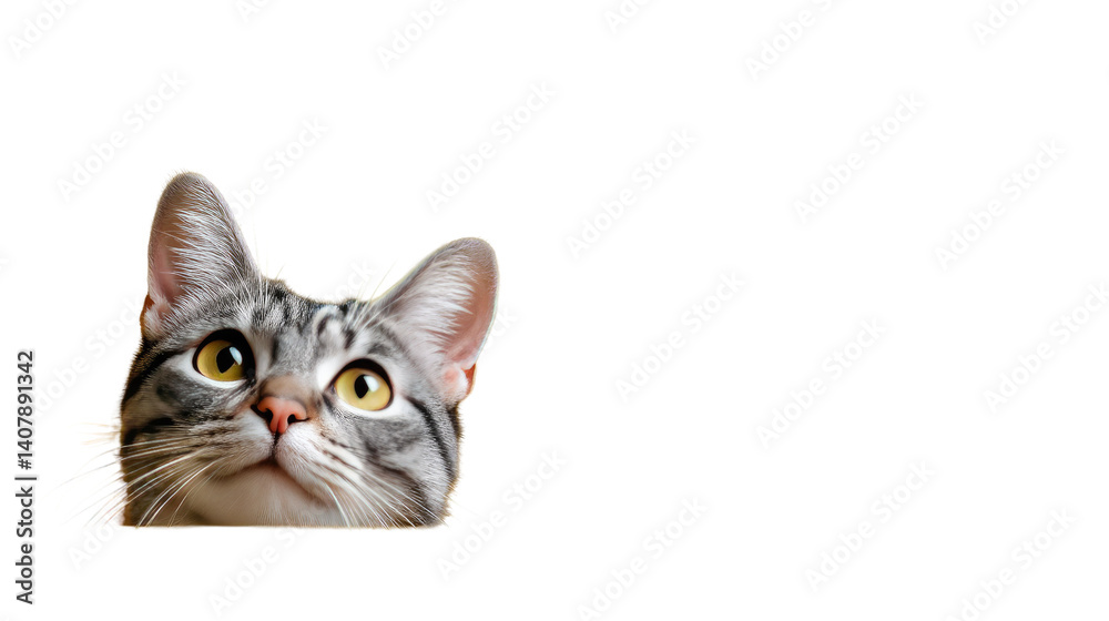 Obraz premium Curious Gaze: A captivating close-up of a tabby cat, with its alert eyes and expressive face. the cat showcases a playful curiosity and captures the essence of feline charm.