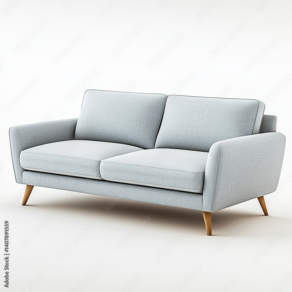 Fototapeta premium minimalist style sofa in light blue fabric with wooden legs, perfect for modern living spaces. Its sleek design adds touch of elegance and comfort to any room