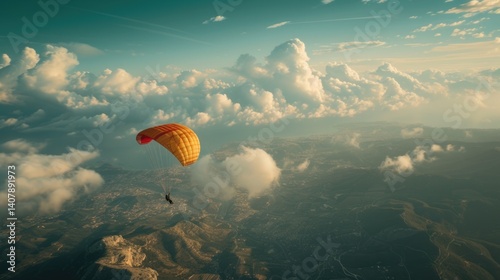 Paraglider soaring above mountainous terrain amidst clouds.