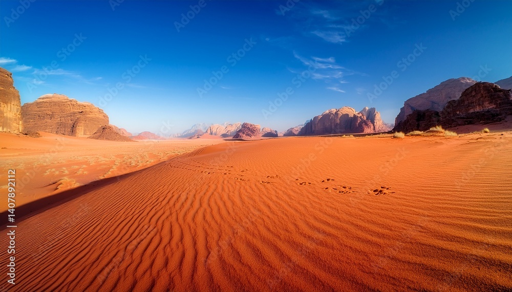 Naklejka premium wadi rum s vibrant red sands with clear blue sky a captivating landscape showcasing the unique desert terrain and striking color contrast