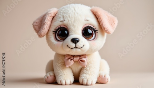 A fluffy, cream colored puppy mascot, meticulously crafted from ultra soft, plush material, features oversized, expressive eyes made of dark, shiny plastic, conveying an innocent and playful demeanor
