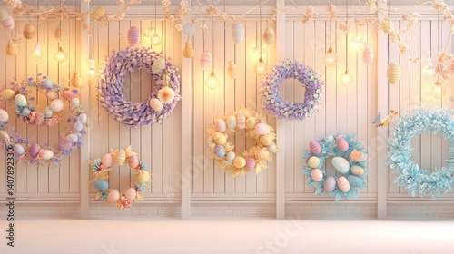 Easter decoration chick ornaments festive banners. Whimsical Easter Wreaths Adorning a Wall with Soft Pastel Egg Decorations and Delicate Floral Accents.