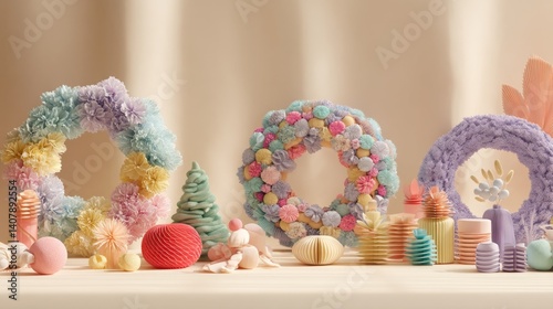 Easter decoration chick ornaments festive banners. Whimsical Holiday Decorations with Pastel Color Wreaths and Tree Ornament Display Festive Cheer.