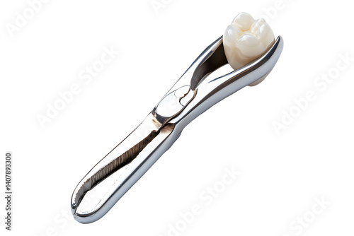 Tooth clamped in medical extraction forceps isolated on transparent background
