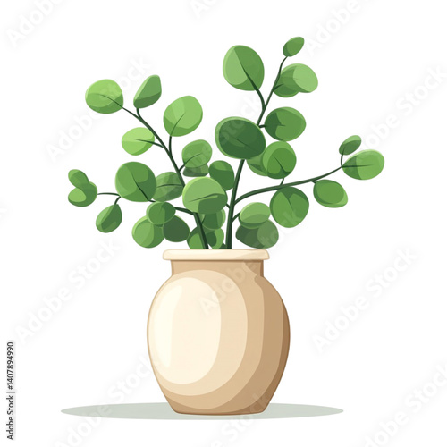 A potted plant with round green leaves in a beige vase sits on a white surface a simple illustration photo