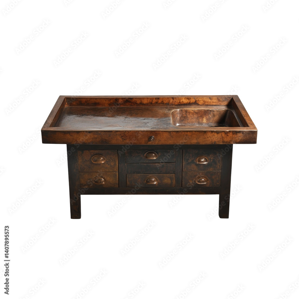 Antique Copper Sink Workbench with Drawers - Rustic Industrial Design Antique Copper Sink Workbench with Drawers - Rustic Industrial Design