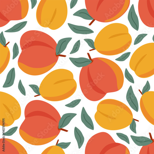 Seamless pattern ripe fruits apricots and peaches with leaves on a white background - vector for the design of fabric, packaging, wallpaper