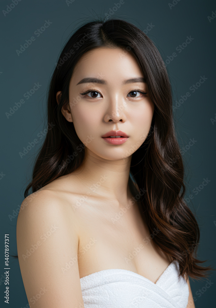 Portrait of a Beautiful Young Asian Woman with Smooth Skin and Long, Wavy Hair, Wearing a White Towel, Perfect for Beauty, Skincare, and Haircare Advertising Campaigns Portrait of a Beautiful Young Asian Woman with Smooth Skin and Long, Wavy Hair, Wearing a White Towel, Perfect for Beauty, Skincare, and Haircare Advertising Campaigns