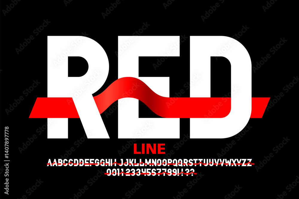 Modern font with ribbon, alphabet letters and numbers vector illustration