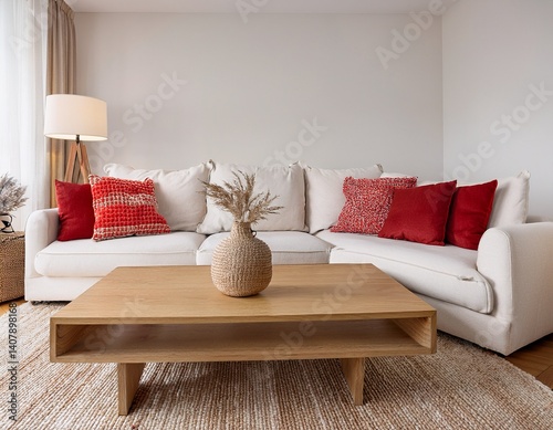 minimalist scandinavian style home interior design of modern living room boucle white couch with red and cream accent pillows is paired with a natural wood coffee table