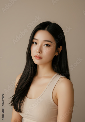 Portrait of a Young Asian Woman with Long Black Hair, Wearing a Beige Tank Top Against a Neutral Background - Beauty, Fashion, and Skincare Concept