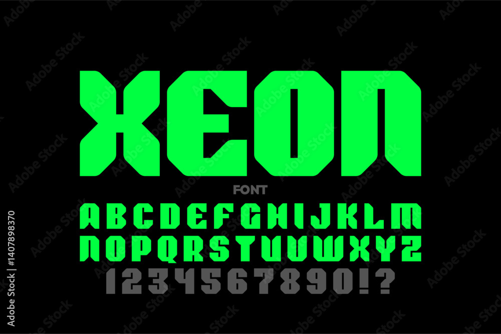 XEON. Modern style font, alphabet letters and numbers vector illustration