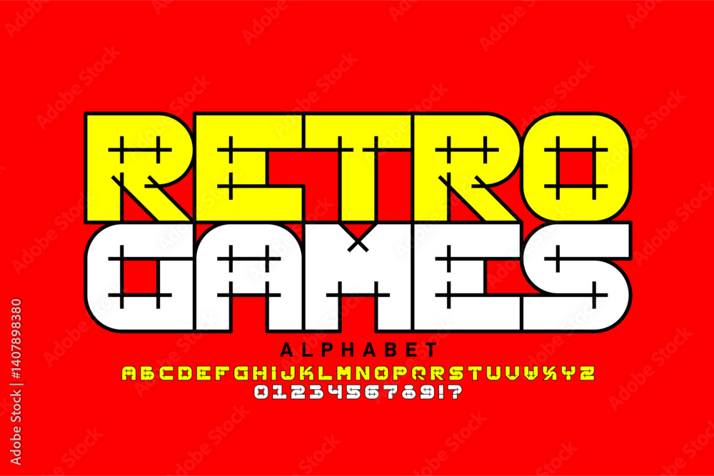 Retro games style font, alphabet letters and numbers vector illustration