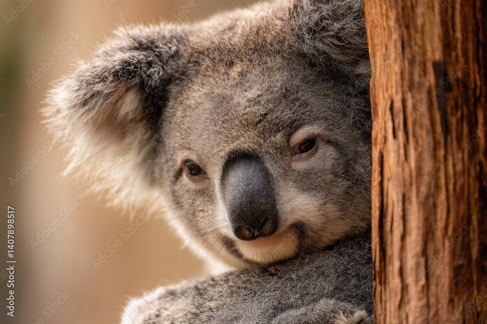 Fototapeta premium A sleepy koala clings to a eucalyptus tree, showcasing detailed fur and a peaceful mood, perfect for wildlife and nature-themed stock.