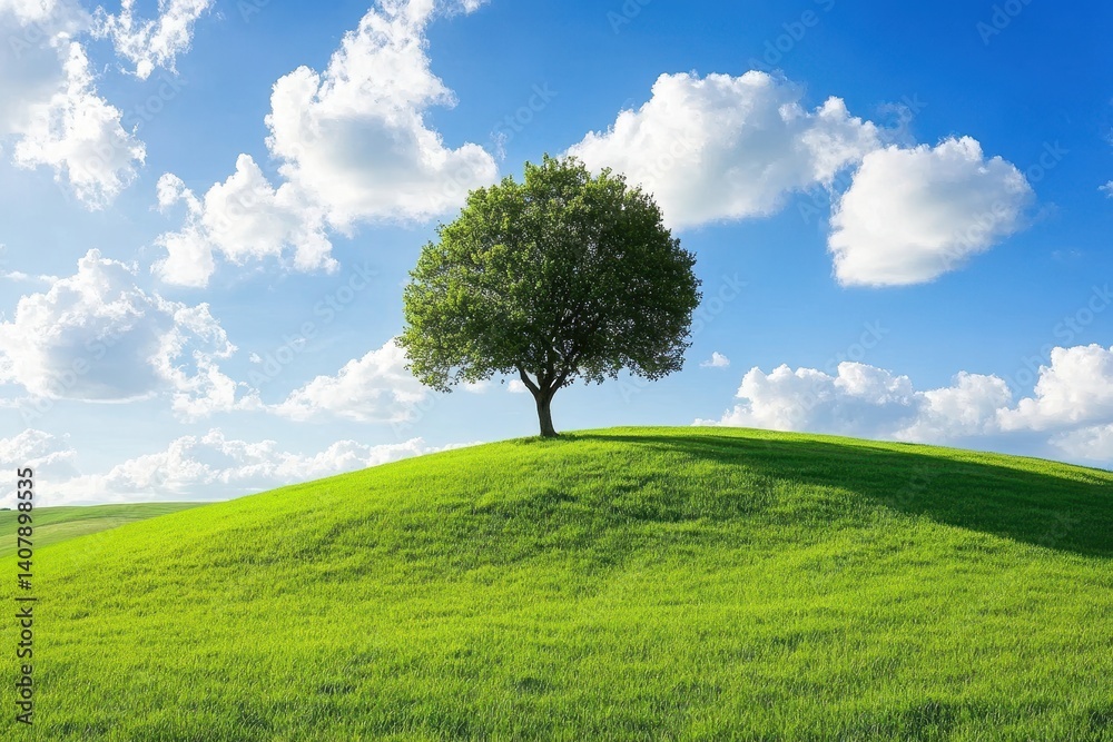 Tree on Hill. Beautiful Landscape with Green Hills and Solitary Tree in Countryside Tree on Hill. Beautiful Landscape with Green Hills and Solitary Tree in Countryside