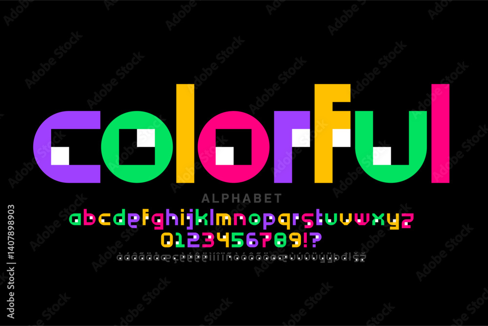colorful. Playful style font, alphabet letters and numbers vector illustration