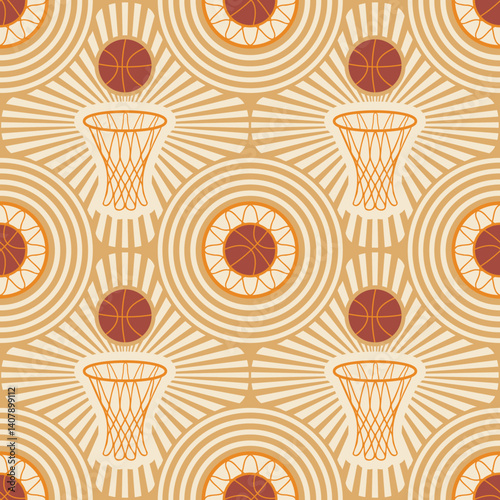 Awesome basketball seamless pattern with views hoops, in an art deco style and earthy warm golden colours. Great for presentation backgrounds, decor, themed party, gift wraps, stationeries, clothing, 